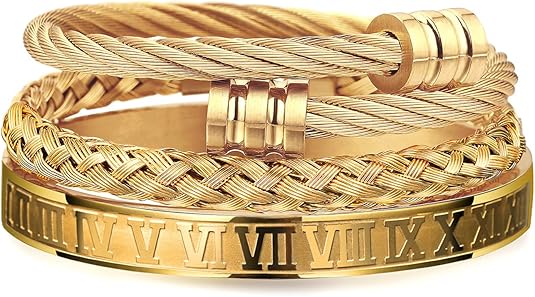 WFYOU 3PCS Stainless Steel Bracelets for Men Gold Roman Numeral Bangle Bracelet Twisted Cable Bracelet Adjustable Cuff Bracelet Mens Luxury Jewelry Bracelets Gifts
